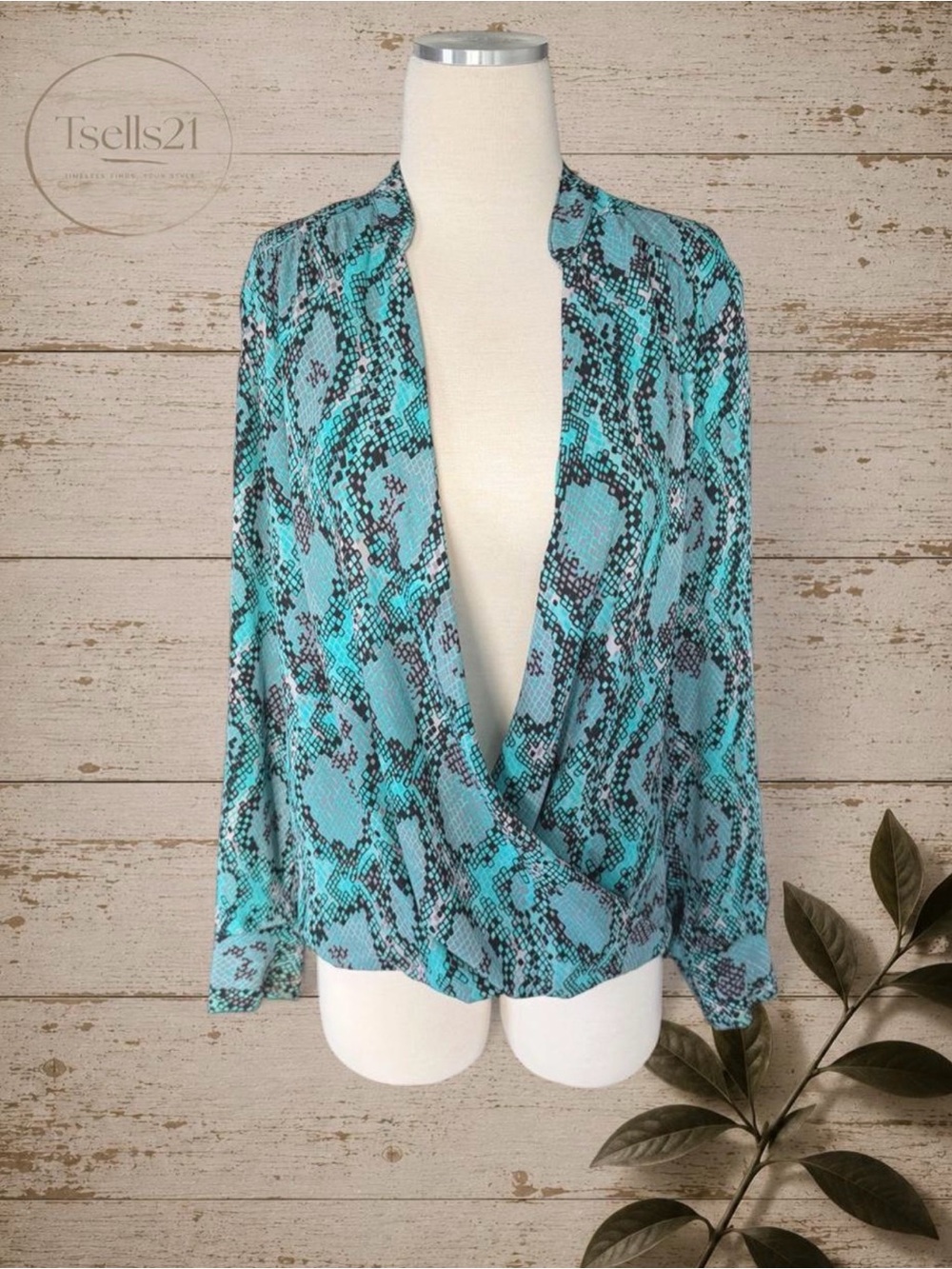 INC International Concepts Snakeskin Plunging Wrap Blouse - See Measurements